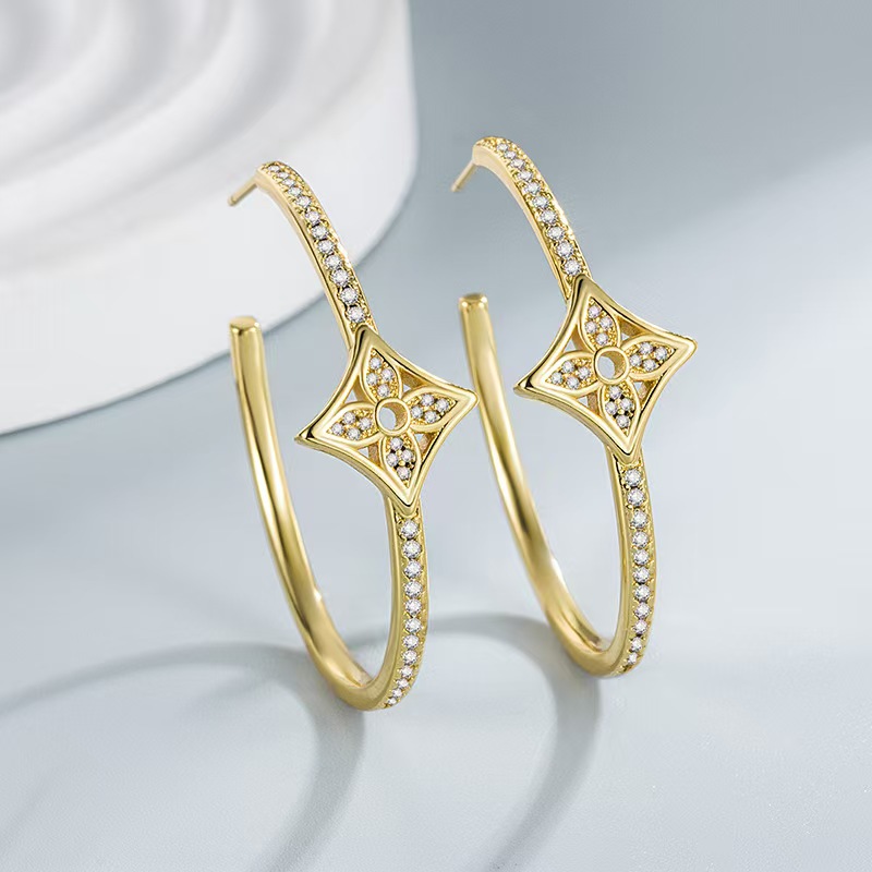 Copper Base Full Crystal Four-Leaf Clover Hoop Earrings