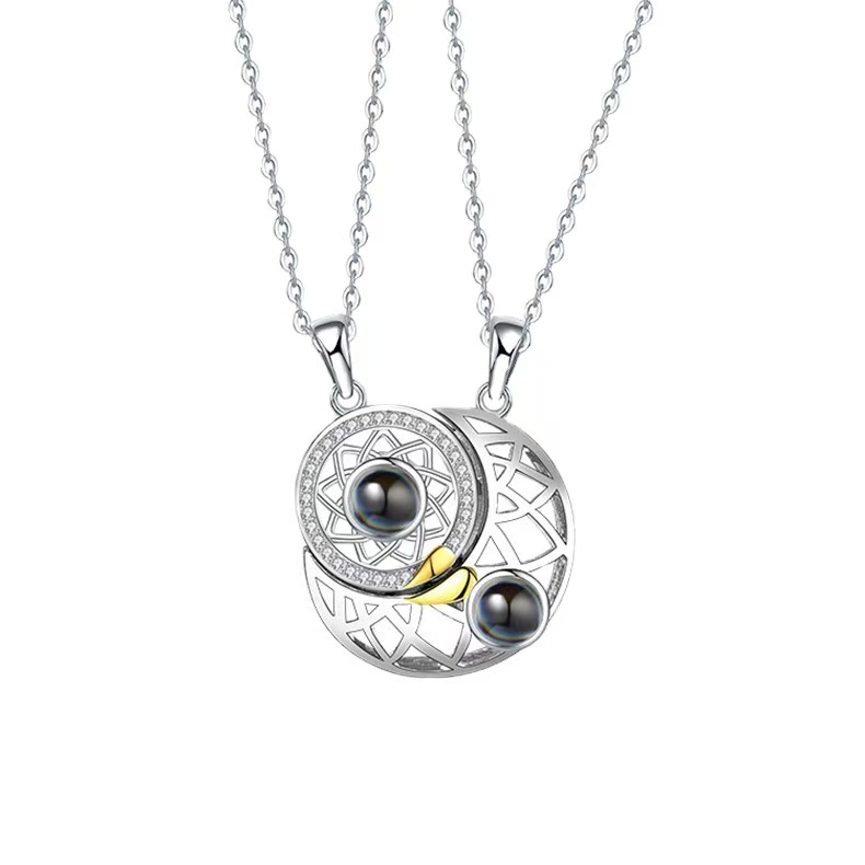 S925 Sterling Silver Sun Moon Magnetic Couple Necklace Set 