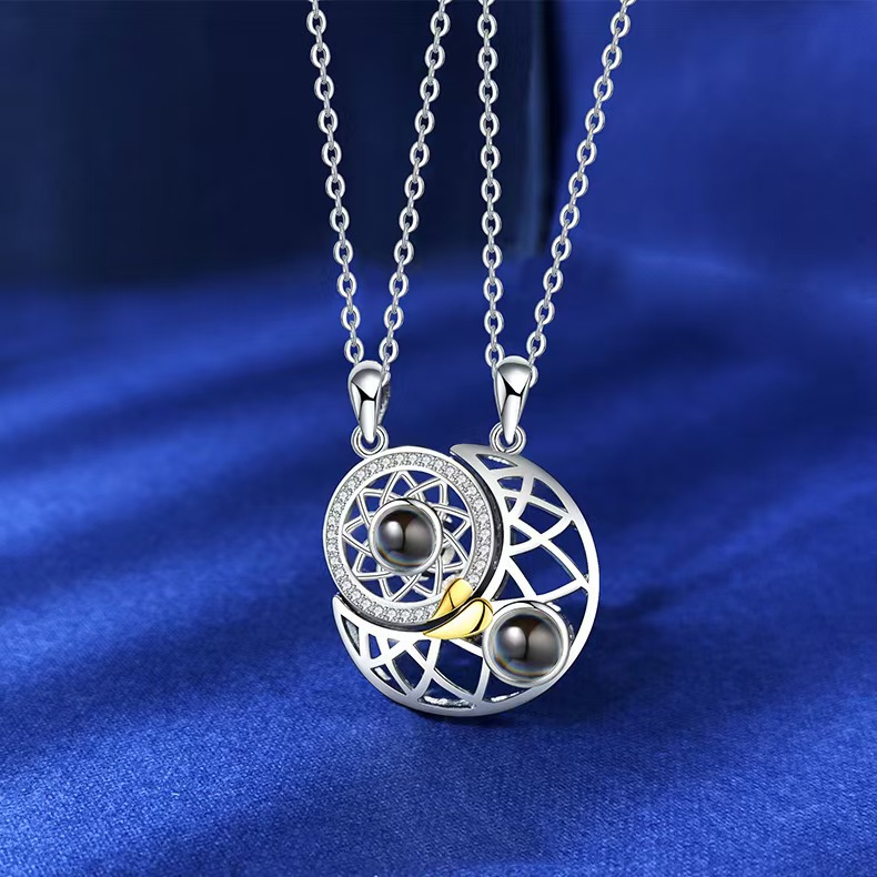 S925 Sterling Silver Sun Moon Magnetic Couple Necklace Set 
