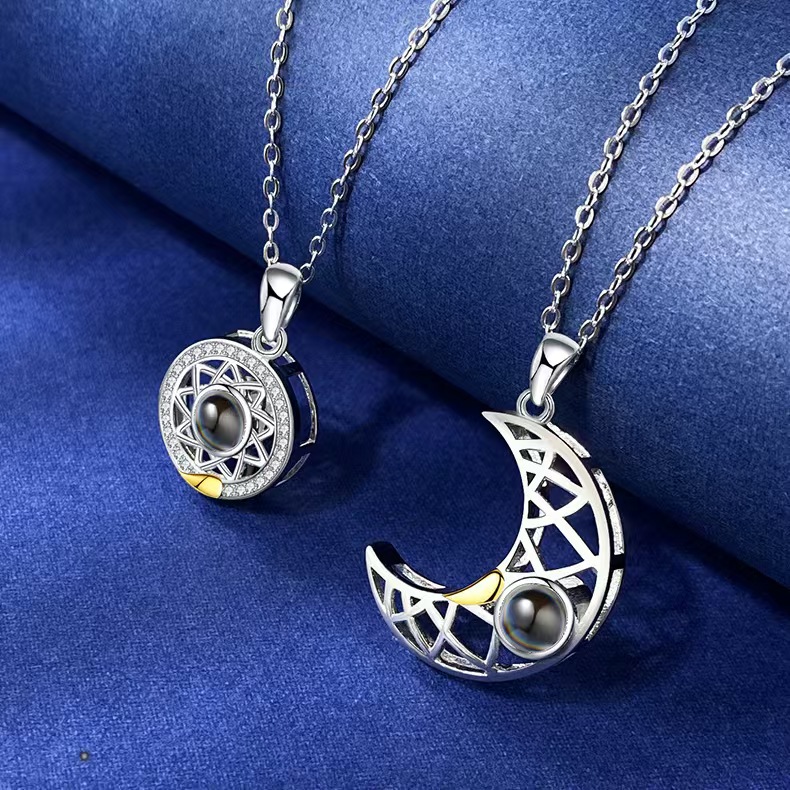 S925 Sterling Silver Sun Moon Magnetic Couple Necklace Set 